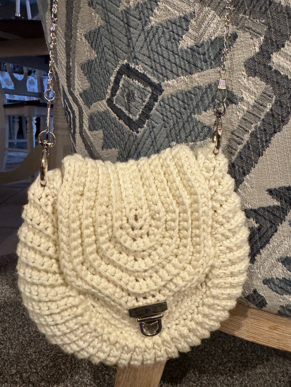 Handmade Cream Crochet Crossbody Bag with Silver Adjustable Chain Strap